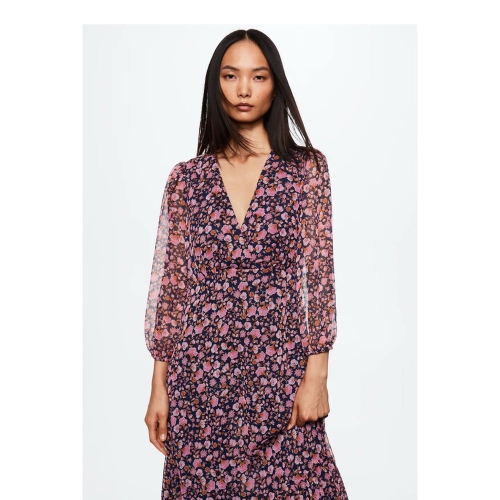 MANGO 
Floral Long Sleeve Dress - Pink‎ and Black